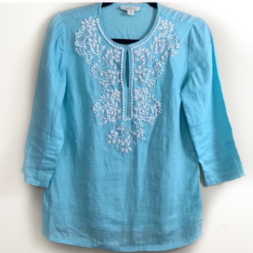 Charter Club Luxury linen beaded quarter sleeved tunic petite